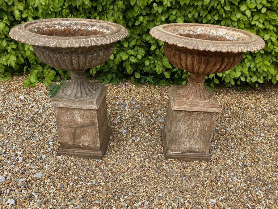 Pair 19th Century Cast Iron Garden Urns on Pedestals.